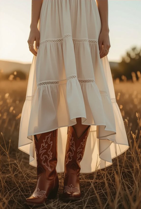 embroidered boots and flowing midi
