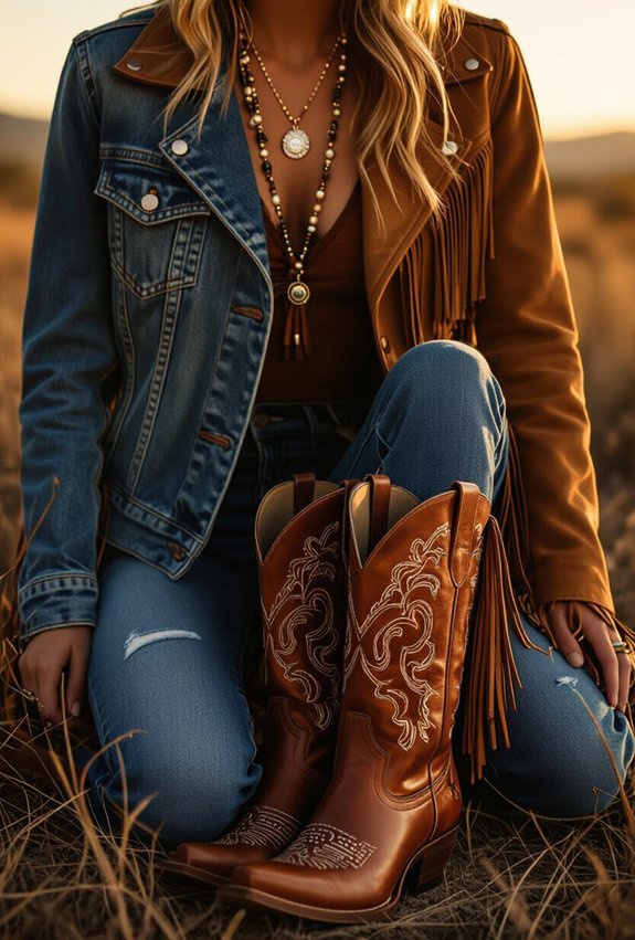flowy fringe and tall leather boots