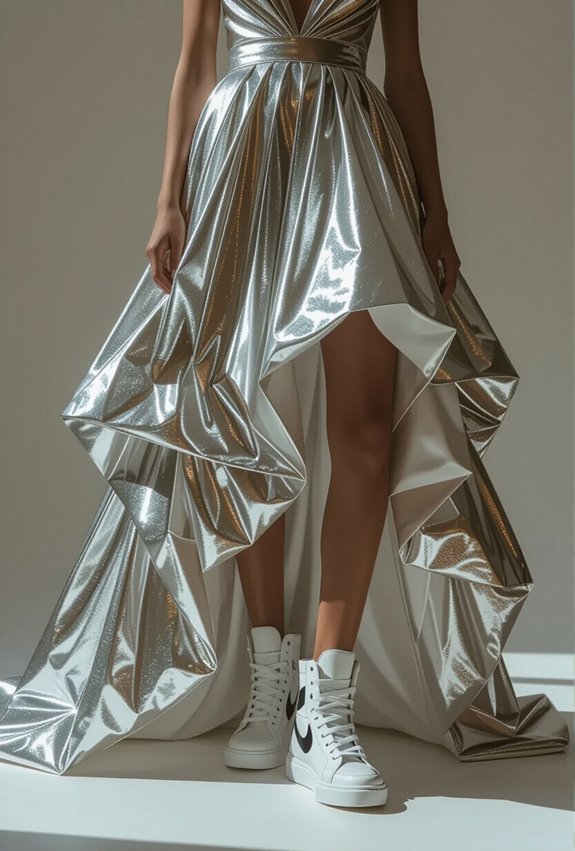 glamorous metallic gown casual high top sneakers